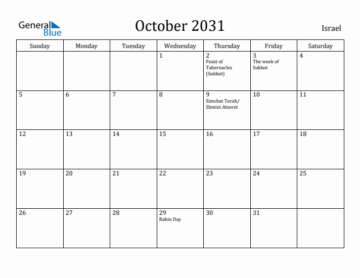 October 2031 Calendar Israel