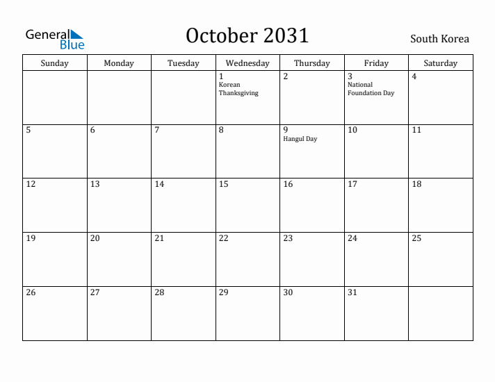 October 2031 Calendar South Korea