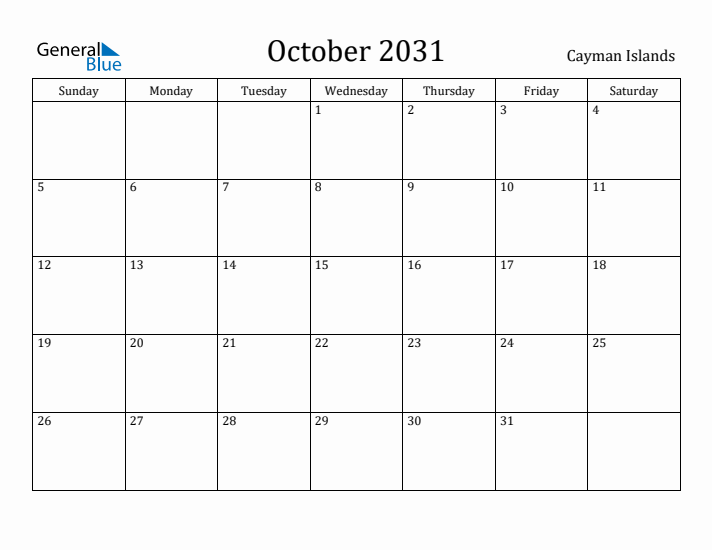 October 2031 Calendar Cayman Islands