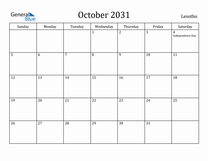 October 2031 Calendar Lesotho
