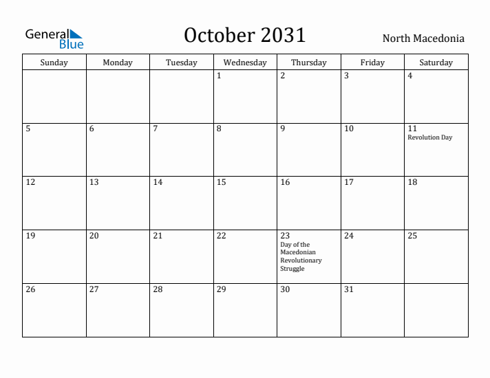 October 2031 Calendar North Macedonia