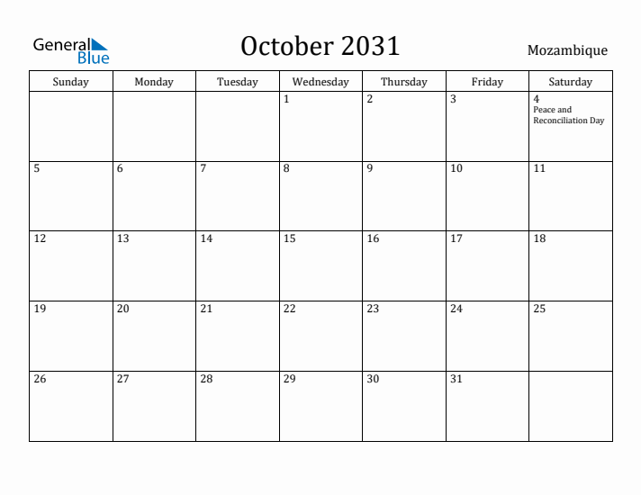 October 2031 Calendar Mozambique