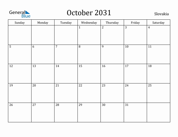 October 2031 Calendar Slovakia