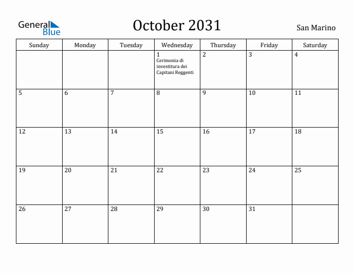 October 2031 Calendar San Marino