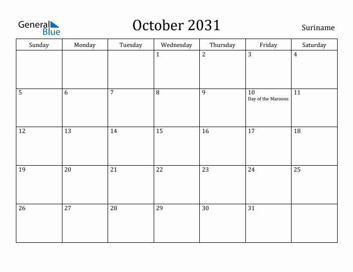 October 2031 Calendar Suriname