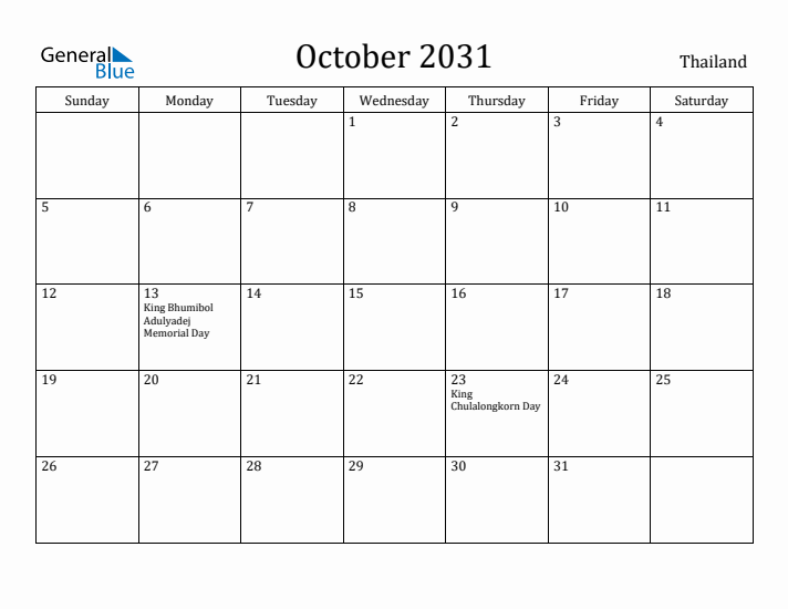 October 2031 Calendar Thailand
