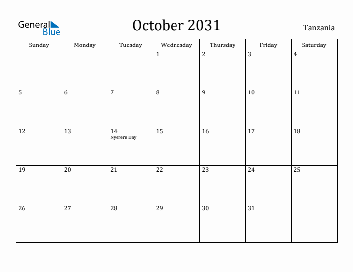 October 2031 Calendar Tanzania