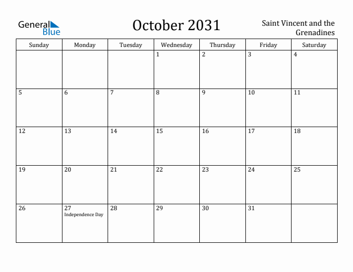 October 2031 Calendar Saint Vincent and the Grenadines