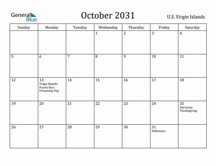 October 2031 Calendar U.S. Virgin Islands