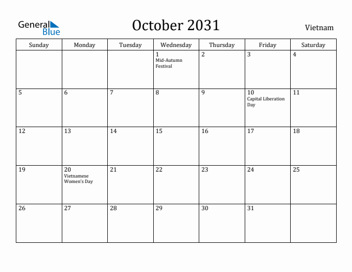 October 2031 Calendar Vietnam