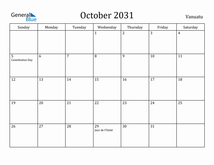 October 2031 Calendar Vanuatu