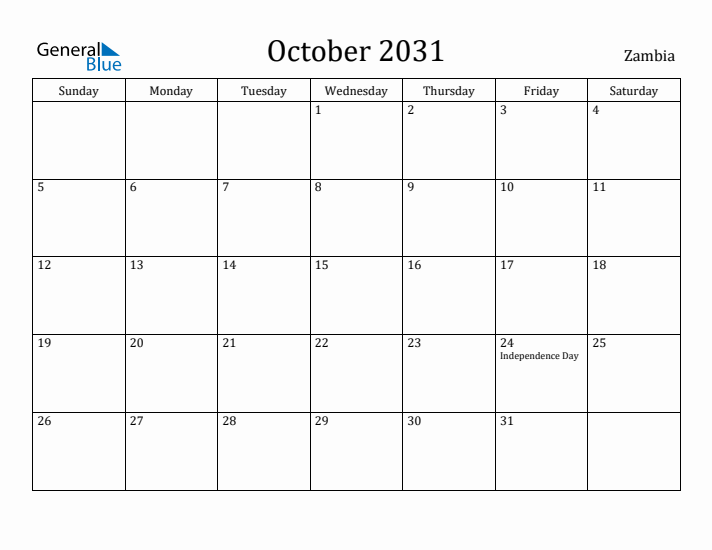 October 2031 Calendar Zambia