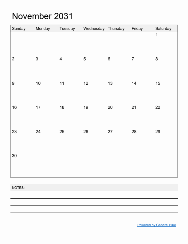 Basic Monthly Calendar Template for November 2031