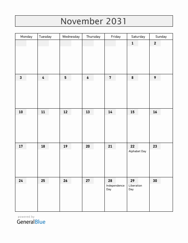 Albania November 2031 Calendar with Holidays