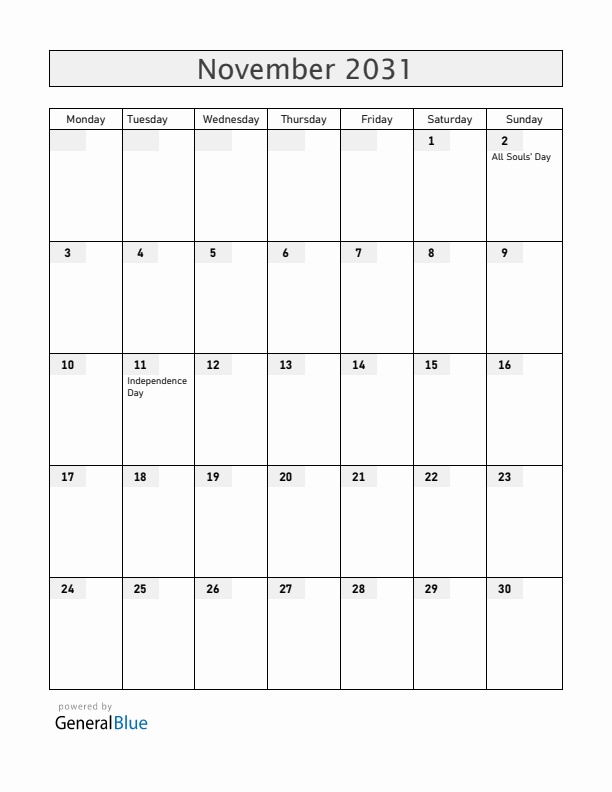 Angola November 2031 Calendar with Holidays