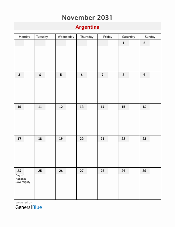 Argentina November 2031 Calendar with Holidays