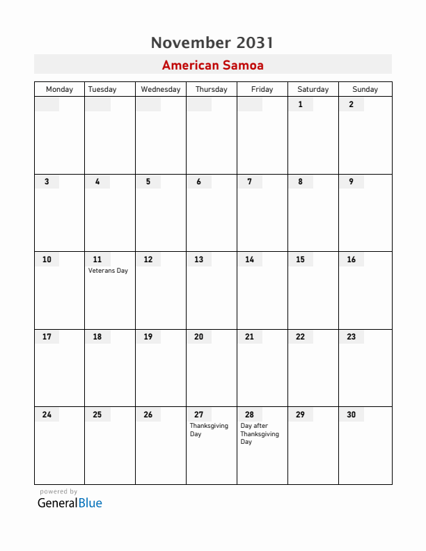 American Samoa November 2031 Calendar with Holidays
