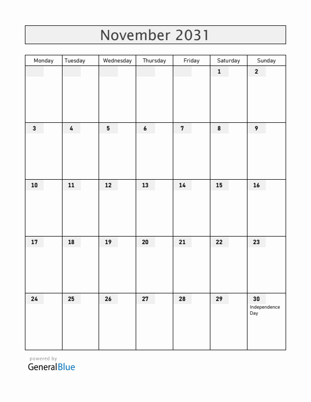 Barbados November 2031 Calendar with Holidays
