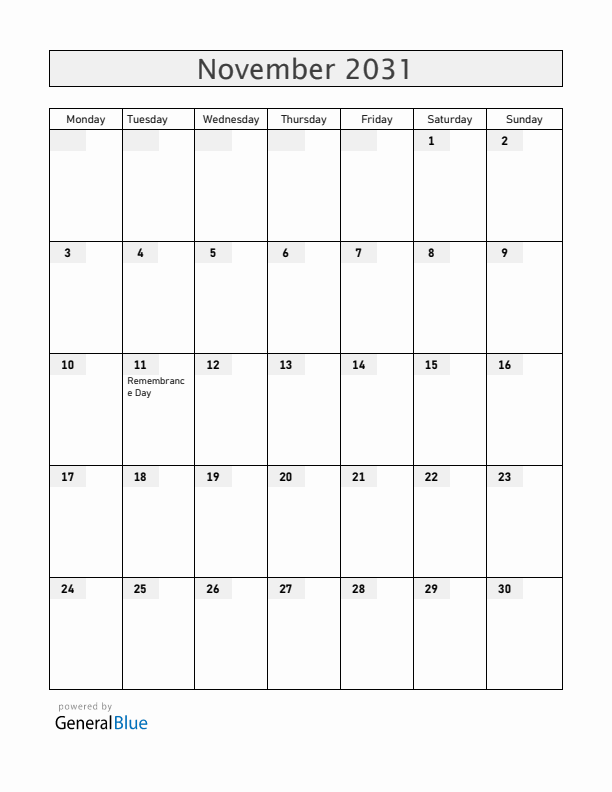 Bermuda November 2031 Calendar with Holidays