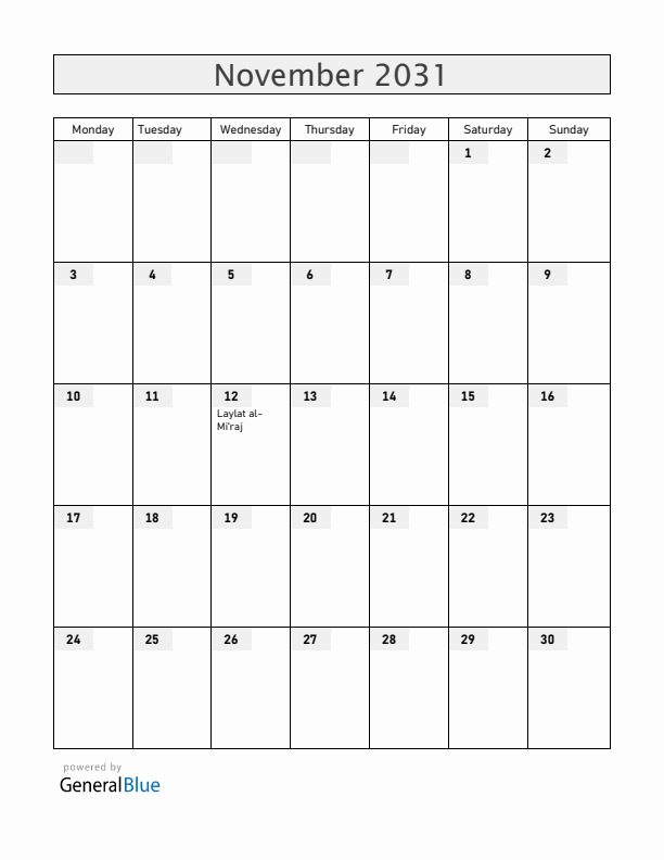 Brunei November 2031 Calendar with Holidays