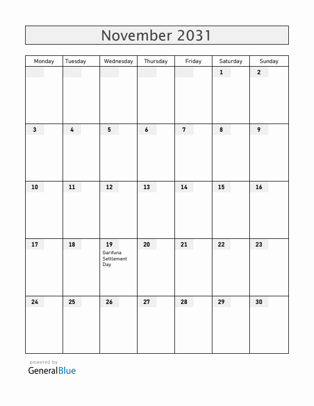 Belize November 2031 Calendar with Holidays