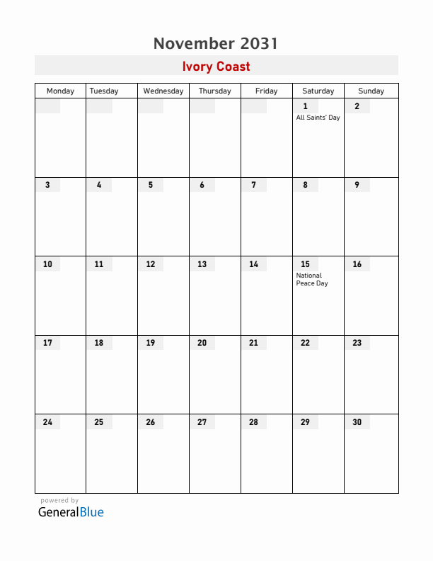 Ivory Coast November 2031 Calendar with Holidays