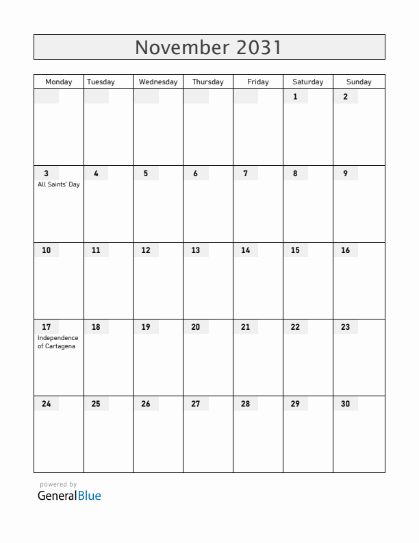 Colombia November 2031 Calendar with Holidays