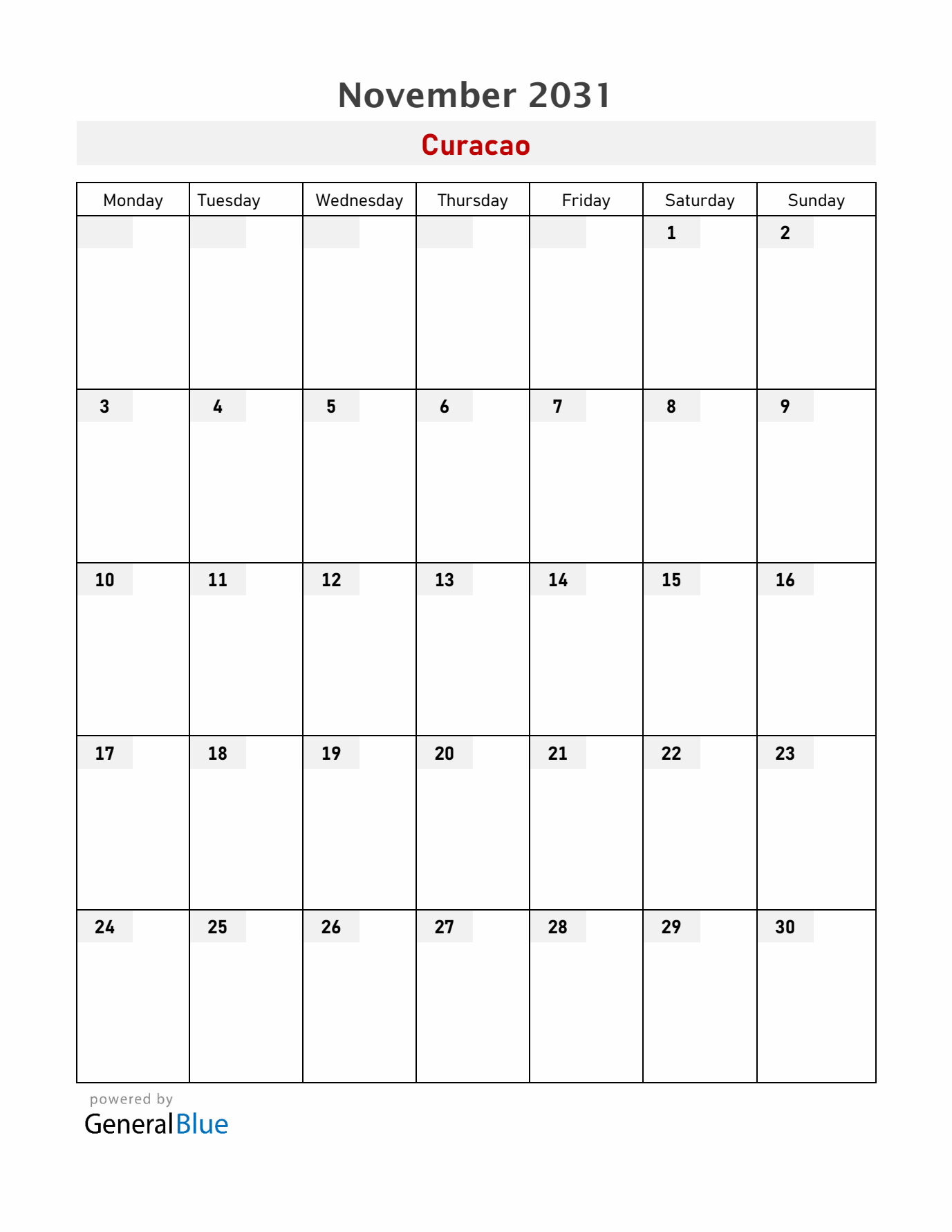 Curacao November 2031 Calendar with Holidays