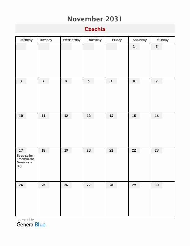 Czechia November 2031 Calendar with Holidays