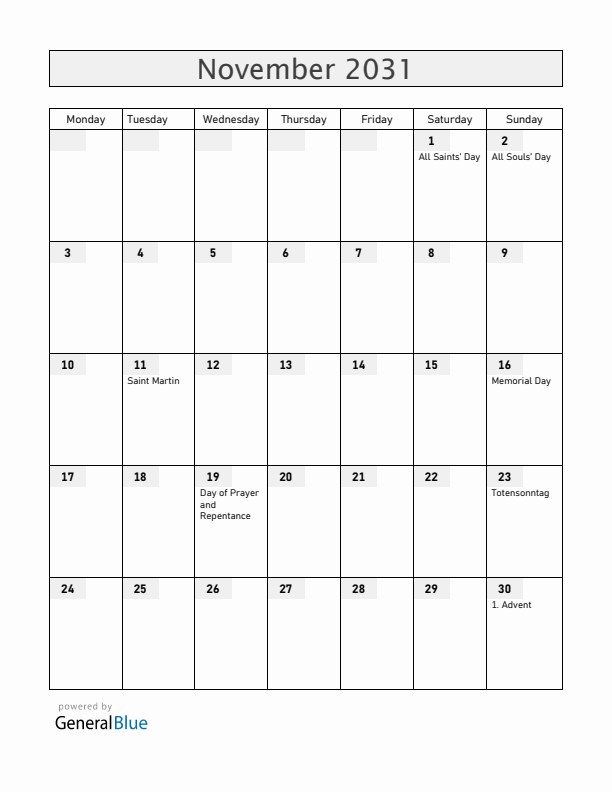 Germany November 2031 Calendar with Holidays