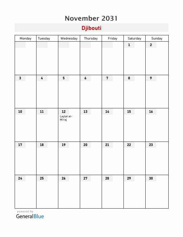 Djibouti November 2031 Calendar with Holidays