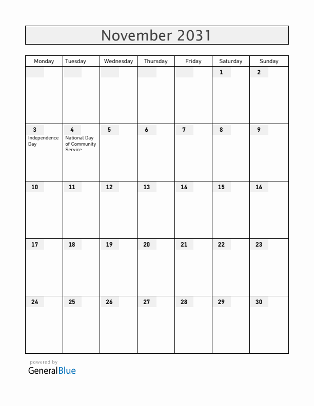 Dominica November 2031 Calendar with Holidays