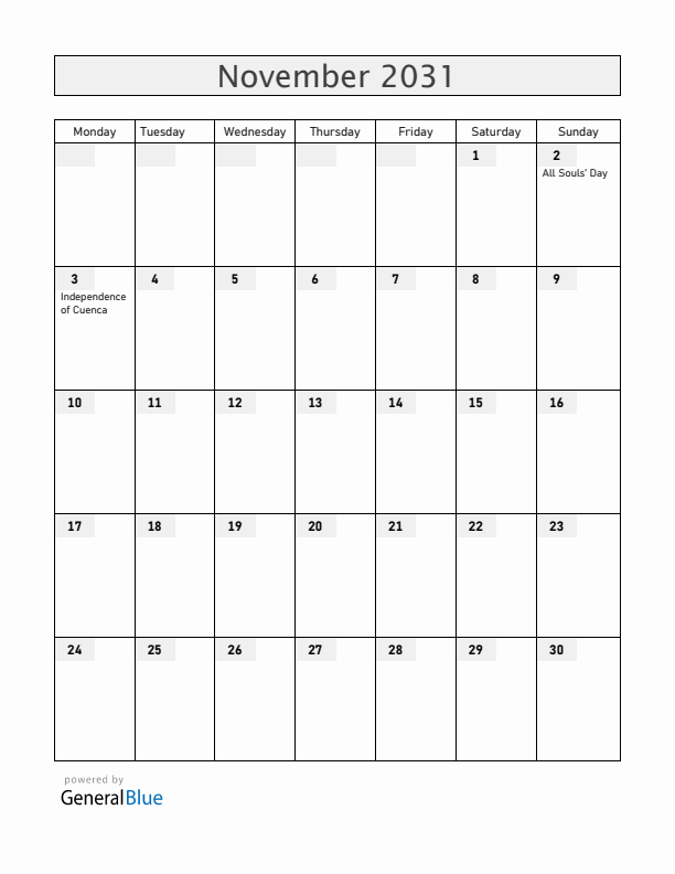Ecuador November 2031 Calendar with Holidays
