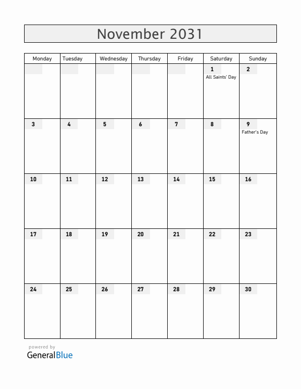 Finland November 2031 Calendar with Holidays
