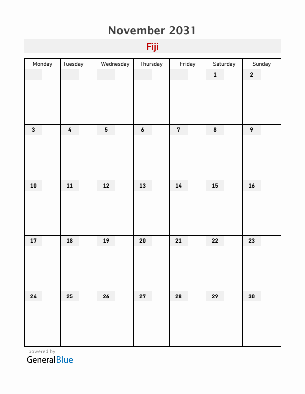 Fiji November 2031 Calendar with Holidays