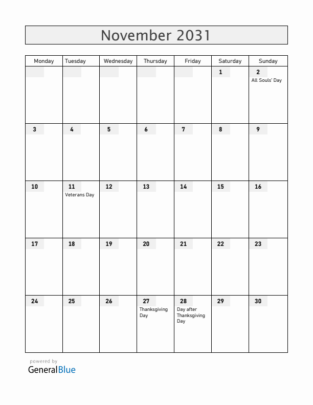 Guam November 2031 Calendar with Holidays