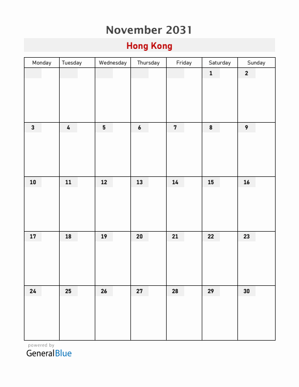 Hong Kong November 2031 Calendar with Holidays