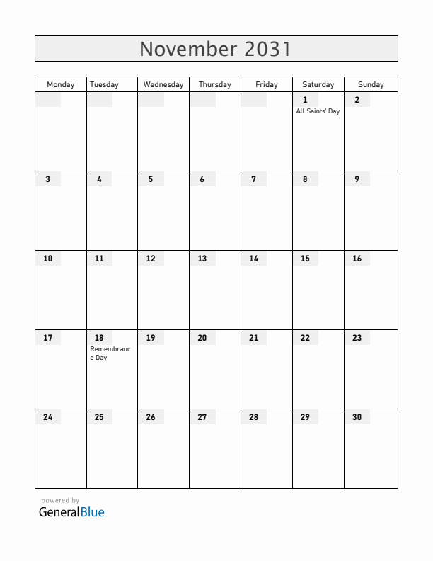 Croatia November 2031 Calendar with Holidays