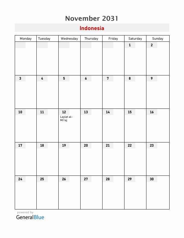 Indonesia November 2031 Calendar with Holidays