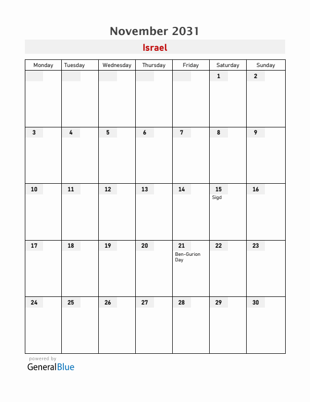 Israel November 2031 Calendar with Holidays