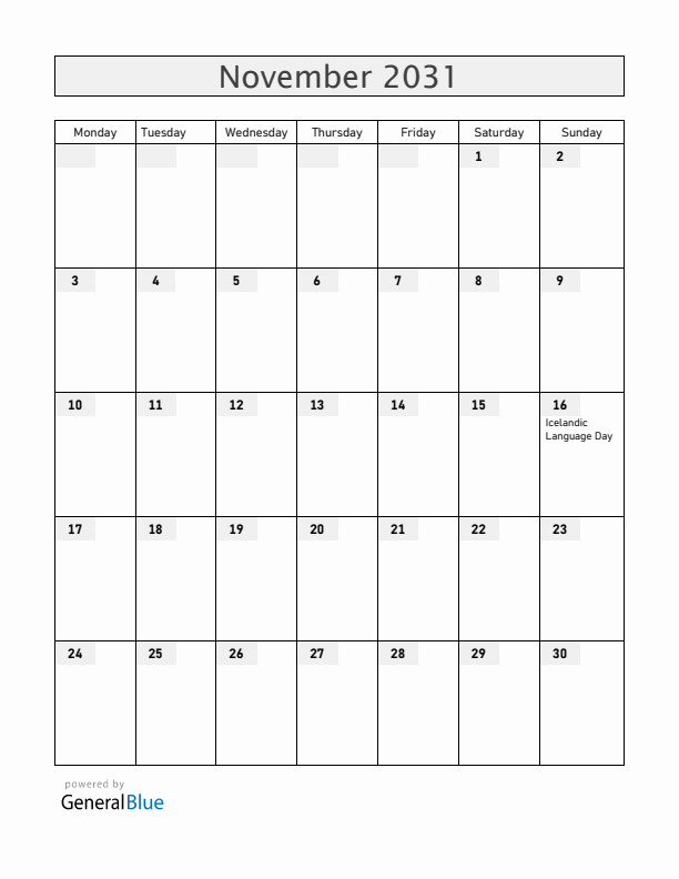 Iceland November 2031 Calendar with Holidays