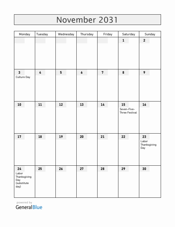 Japan November 2031 Calendar with Holidays