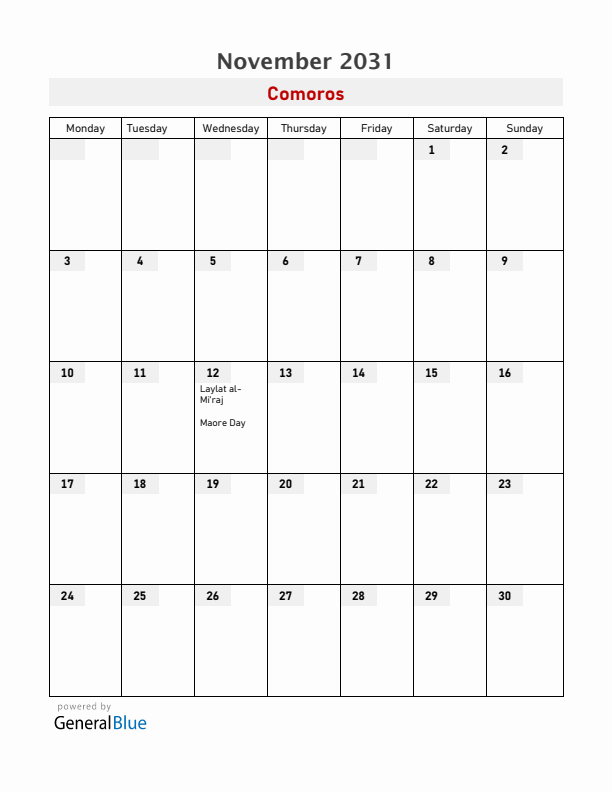 Comoros November 2031 Calendar with Holidays