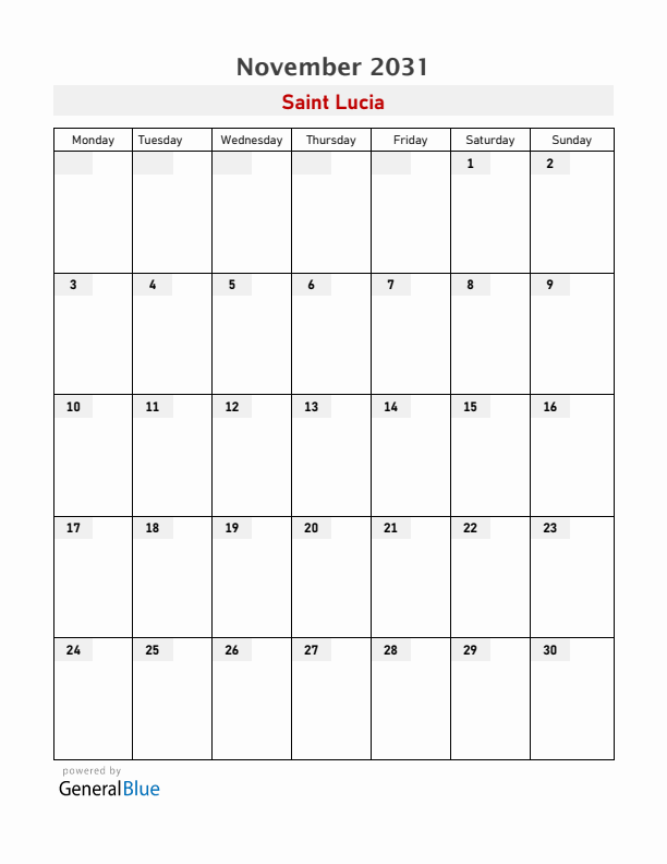 Saint Lucia November 2031 Calendar with Holidays
