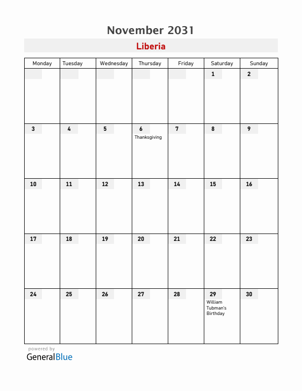 Liberia November 2031 Calendar with Holidays