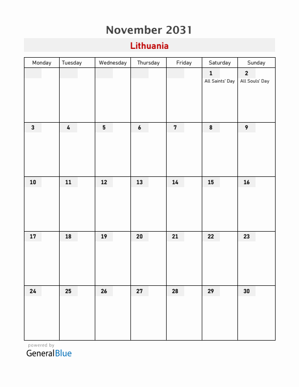 Lithuania November 2031 Calendar with Holidays