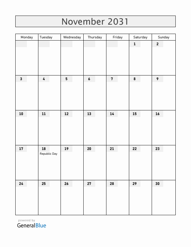 Latvia November 2031 Calendar with Holidays