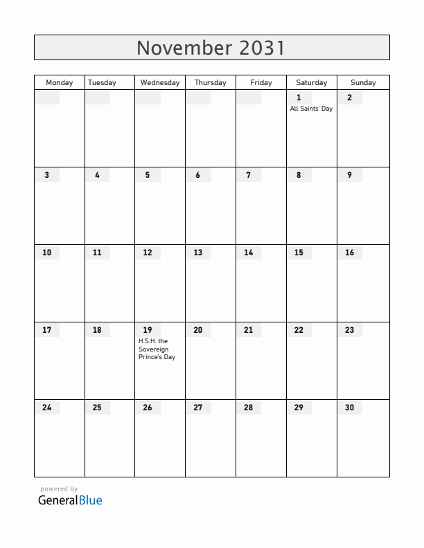 Monaco November 2031 Calendar with Holidays