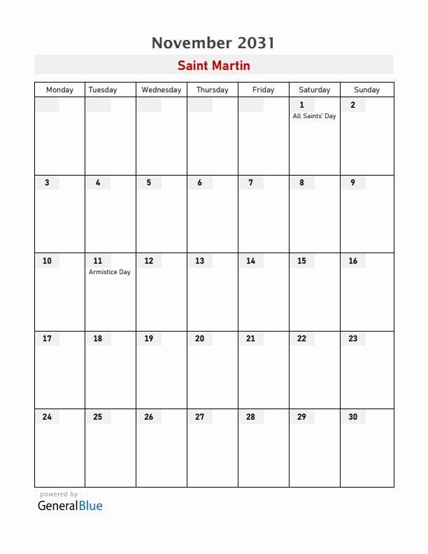 Saint Martin November 2031 Calendar with Holidays