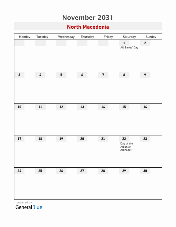 North Macedonia November 2031 Calendar with Holidays